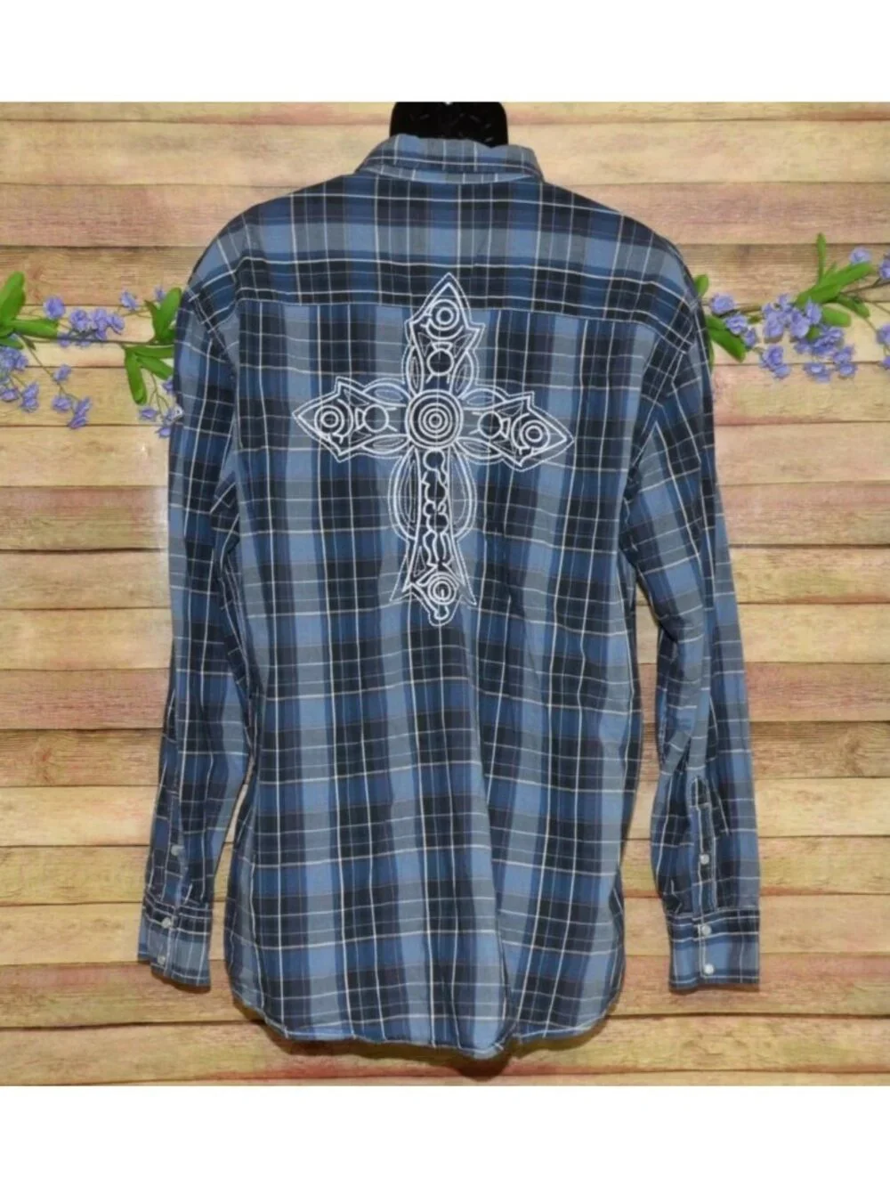 BKE Athletic Fit Mens Blue Plaid Pearl Snap Western Shirt Size XXL Embroidered